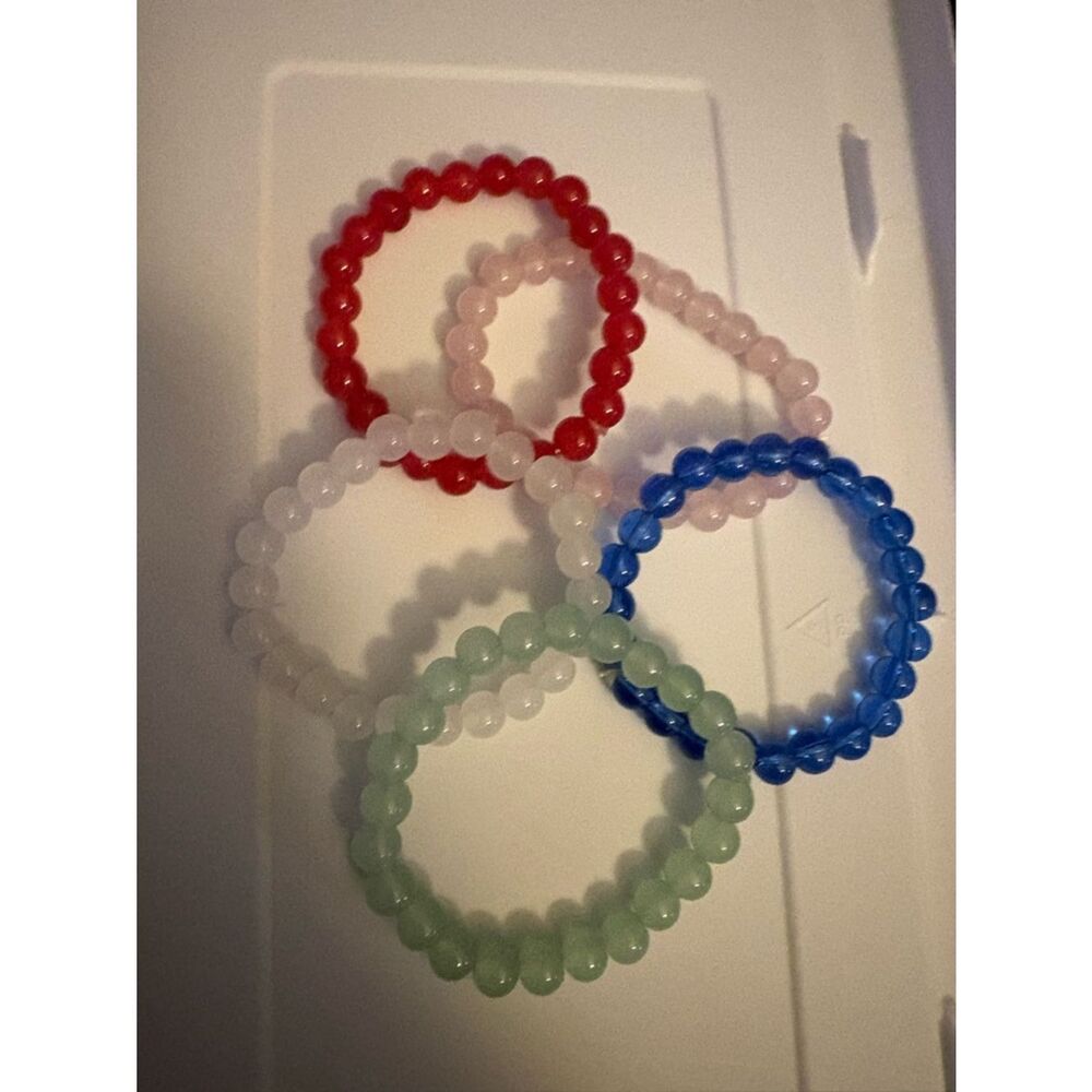 Set of 5 Beaded Stretch Bracelets - Red, Pink, White, Blue, Green